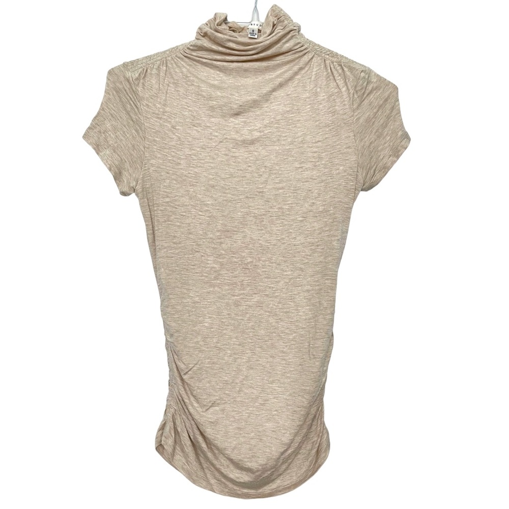 Max Studio Womens Beige Heathered Stretch Turtleneck Short Sleeve, size S